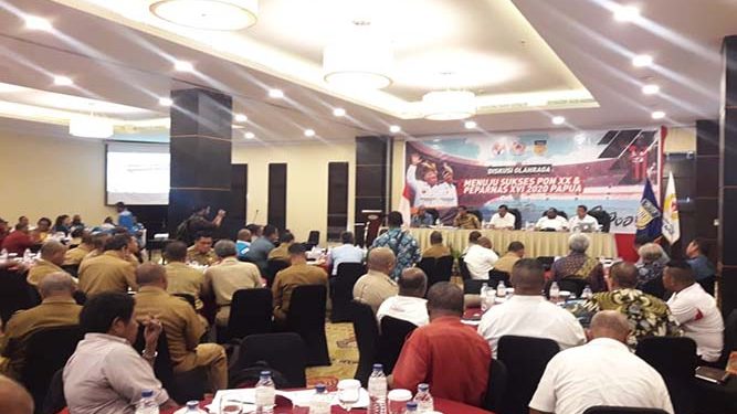 Diskusi Olahraga Menuju PON XX dan Peparnas XVI 2020 Papua, Senin (08/04/2019) di salah satu hotel di Kota Jayapura