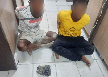 Dua pelaku pemilik ganja bersaam barang bukti ketika diamankan Polisi di Mapolresta Kota Jayapura. (Hans Palen/Nokenlive.Com).