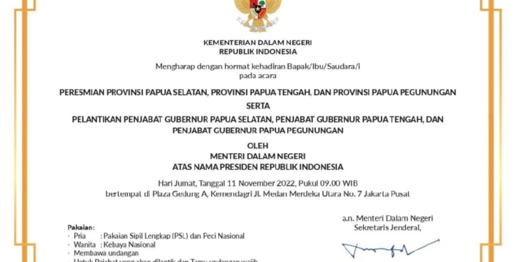 BREAKING NEWS : Beredar Undangan Pelantikan Tiga Penjabat Gubernur DOB di Papua