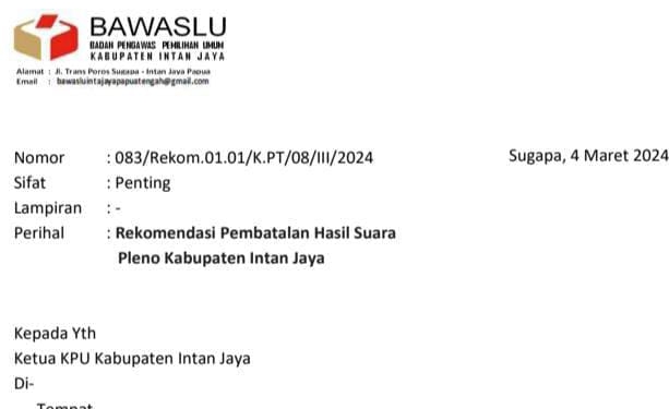 Bawaslu Kabupaten Intanjaya Rekomendasi Pembatalan Hasil Suara Pleno Intanjaya