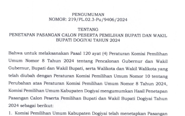 Ini 6 Nama Paslon Bupati Dan Wakil Bupati Dogiyai Tahun 2024