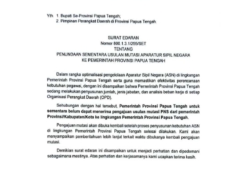 Surat Edaran Gubernur Papua Tengah, Usulan Mutasi ASN Ke Papua Tengah Sementara Ditunda