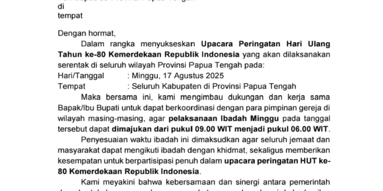 Hut RI Ke-80 Bertepatan Pada Hari Minggu, Pemprov Papua Tengah Keluarkan Surat Edaran Pemajuan Waktu Ibadah Bagi Umat Kristiani