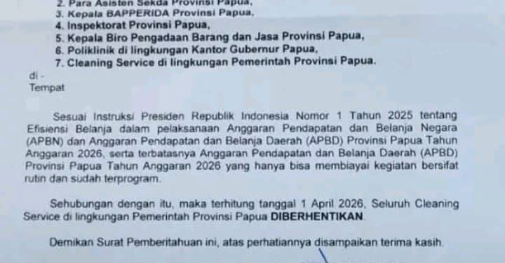 Pemerintah Provinsi  Papua Resmi Berhentikan Tenaga Cleaning Service di Seluruh Instansi