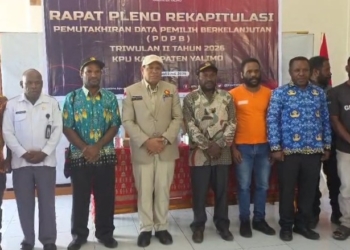 Keterangan Foto : Foto bersama usai Rapat Pleno Rekapitulasi Pemutakhiran Data Pemilih Berkelanjutan (PDPB) Triwulan II Tahun 2026 di Kantor KPU Kabupaten Yalimo, Kamis (2/7/2026), yang dihadiri Bupati Yalimo sekaligus Ketua DPC Partai Gerindra Kabupaten Yalimo Dr. Nahor Nekwek, S.Pd., M.M., Ketua KPU Yalimo Sofion Walilo, Bawaslu, Dukcapil, Kesbangpol, pimpinan partai politik, serta jajaran penyelenggara pemilu.